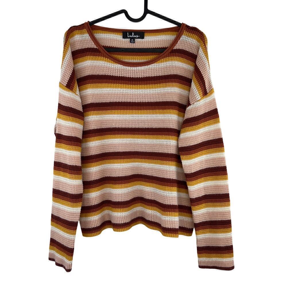 Lulus Multi Striped Colorful Crochet Knit Pullover Sweater Size Medium